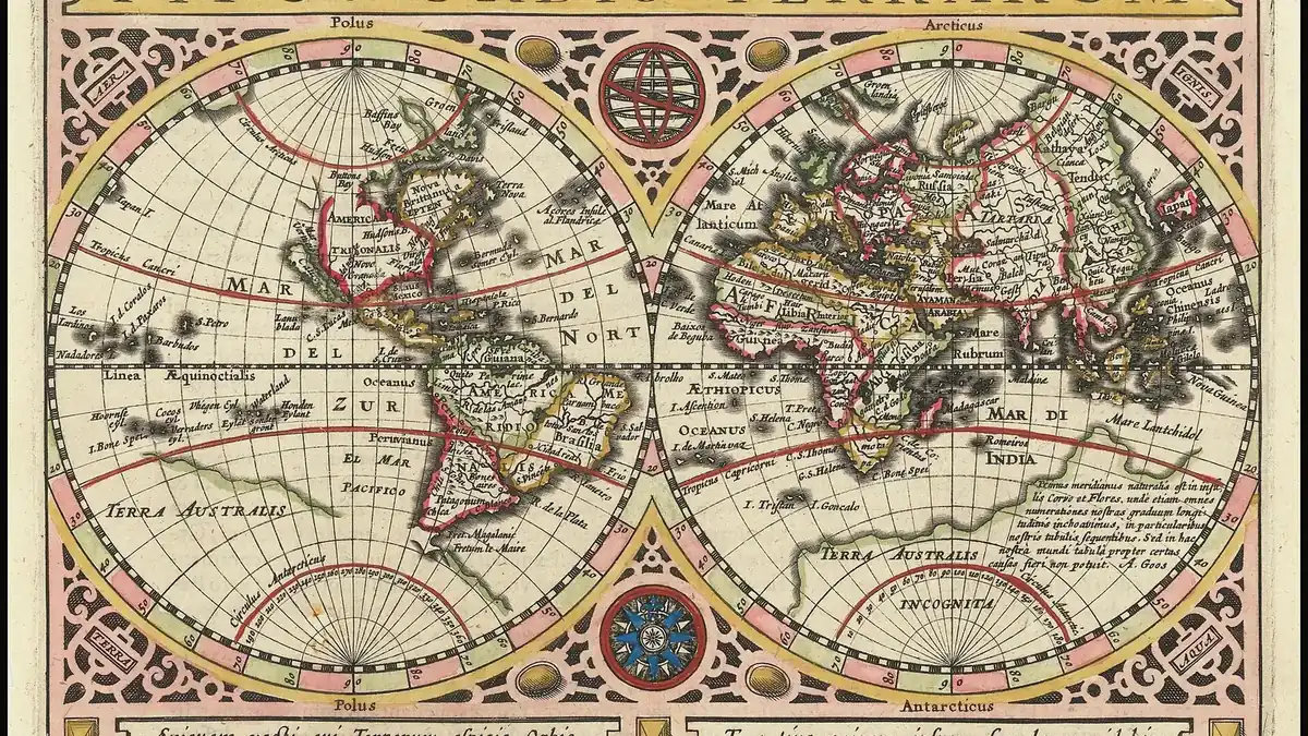 Carte du monde de 1628 de Jan Janssonius, gravure ancienne colorée